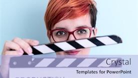  Presentation with clapper - Amazing presentation theme having redhead-woman-holding-movie-clapper backdrop and a light blue colored foreground