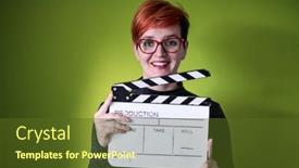  Presentation with movie studio - Slides consisting of redhead-woman-holding-movie-clapper background and a tawny brown colored foreground