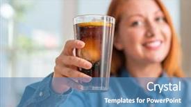  Presentation with soda - Audience pleasing PPT theme consisting of redhead woman holding soda refreshment backdrop and a teal colored foreground