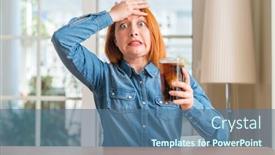  Presentation with soda - Presentation theme with redhead woman holding soda refreshment stressed with hand on head shocked with shame and surprise face angry and frustrated fear and upset for mistake background and a ocean colored foreground