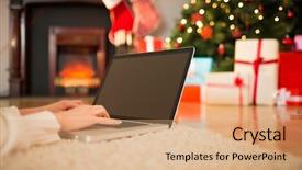  Presentation with living room - Theme consisting of redhead woman lying on floor using laptop at christmas at home in the living room background and a coral colored foreground