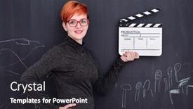 Presentation with clapper - Slides enhanced with redhead-woman-on-black-chalkboard background and a dark gray colored foreground