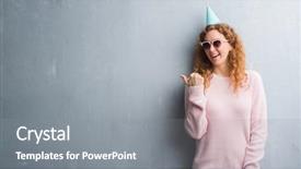  Presentation with happy birthday - Slide deck with redhead woman over grey grunge background and a  colored foreground