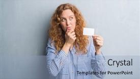  Presentation with young grey maine coon cat - Slide set having redhead woman over grey grunge background and a light blue colored foreground