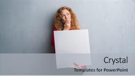  Presentation with questions question marks idea - Presentation theme featuring redhead woman over grey grunge background and a  colored foreground