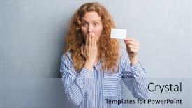  Presentation with woman covering man mouth hand - Amazing theme having redhead woman over grey grunge backdrop and a  colored foreground