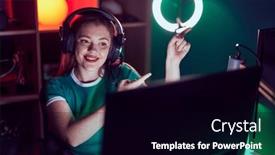  Presentation with video games playing - Slide set with redhead-woman-playing-video-games background and a black colored foreground