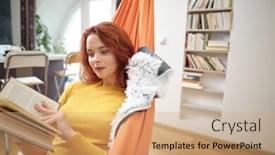  Presentation with hot tea - Theme consisting of redhead-woman-relaxing-at-home background and a coral colored foreground