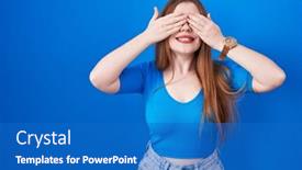  Presentation with blue eyes - PPT layouts featuring redhead-woman-standing-over-blue background and a  colored foreground