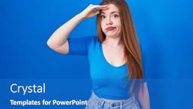  Presentation with blue - Presentation design with redhead-woman-standing-over-blue background and a teal colored foreground