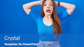  Presentation with woman hands open - Slides featuring redhead-woman-standing-over-blue background and a  colored foreground