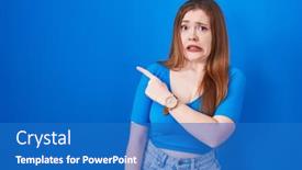  Presentation with forefinger - Presentation enhanced with redhead-woman-standing-over-blue background and a teal colored foreground