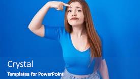  Presentation with acne woman - PPT layouts consisting of redhead-woman-standing-over-blue background and a teal colored foreground