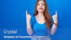  Presentation with depressed - Slide set featuring redhead-woman-standing-over-blue background and a teal colored foreground