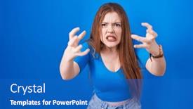  Presentation with yelling - PPT layouts featuring redhead-woman-standing-over-blue background and a teal colored foreground