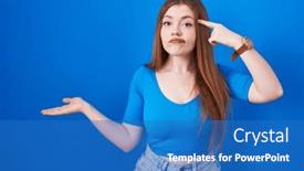 Presentation with think - Theme enhanced with redhead-woman-standing-over-blue background and a teal colored foreground