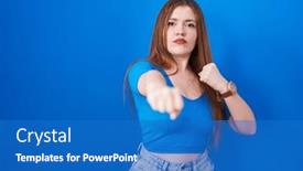  Presentation with violence - PPT theme having redhead-woman-standing-over-blue background and a teal colored foreground