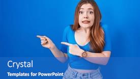  Presentation with blue - PPT theme with redhead-woman-standing-over-blue background and a  colored foreground