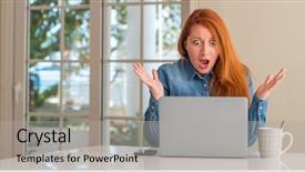  Presentation with computer - Slide deck having redhead woman using computer laptop background and a  colored foreground