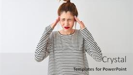  Presentation with navy - Presentation design consisting of redhead woman wearing navy striped t-shirt standing over isolated white background with hand on head for pain in head because stress suffering migraine background and a light gray colored foreground