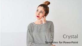  Presentation with navy - PPT theme having redhead woman wearing navy striped t-shirt standing over isolated white background with hand on chin thinking about question pensive expression smiling with thoughtful face doubt concept background and a light gray colored foreground