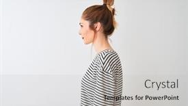  Presentation with navy - Cool new slide deck with redhead woman wearing navy striped t-shirt standing over isolated white background looking to side relax profile pose with natural face with confident smile backdrop and a light gray colored foreground