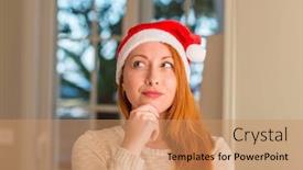  Presentation with santa - PPT theme with redhead woman wearing santa claus hat serious face thinking about question very confused idea background and a coral colored foreground