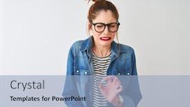  Presentation with denim - Cool new PPT theme with redhead woman wearing striped t-shirt denim shirt and glasses over isolated white background disgusted expression displeased and fearful doing disgust face because aversion reaction backdrop and a light blue colored foreground