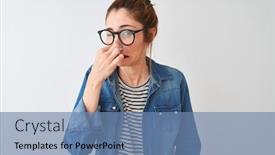 Presentation with bad breath - Cool new slide set with redhead woman wearing striped t-shirt denim shirt and glasses over isolated white background smelling something stinky and disgusting intolerable smell holding breath with fingers on nose bad smell backdrop and a teal colored foreground