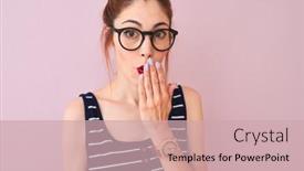  Presentation with woman covering man mouth hand - Presentation design consisting of redhead woman with pigtail wearing striped t-shirt standing over isolated pink background cover mouth with hand shocked with shame for mistake expression of fear scared in silence secret concept background and a soft green colored foreground