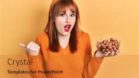  Presentation with hazelnuts - PPT theme consisting of redhead-young-woman-holding-hazelnuts background and a gold colored foreground
