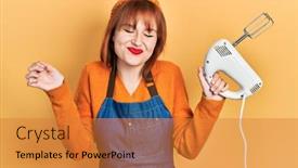  Presentation with victory - PPT layouts consisting of redhead-young-woman-holding-pastry background and a gold colored foreground