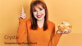  Presentation with potato chips - Slide set with redhead-young-woman-holding-potato background and a gold colored foreground