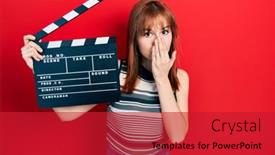  Presentation with clapboard - Presentation theme consisting of redhead-young-woman-holding-video background and a red colored foreground