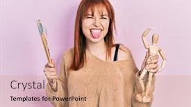  Presentation with wooden - PPT layouts consisting of redhead-young-woman-holding background and a coral colored foreground