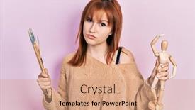  Presentation with wooden - Presentation theme enhanced with redhead-young-woman-holding background and a coral colored foreground
