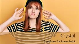  Presentation with listening woman - Slides featuring redhead-young-woman-listening background and a gold colored foreground