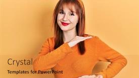  Presentation with symbol - PPT theme enhanced with redhead-young-woman-wearing-casual background and a gold colored foreground