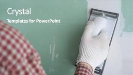  Presentation with contractor - PPT layouts consisting of redisigne - contractor sanding the drywall mud background and a  colored foreground