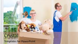  Presentation with moving - Slide deck with redisigne - family moving house with boxes background and a coral colored foreground