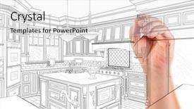  Presentation with kitchen design - Colorful slide set enhanced with redisigne - hand of architect drawing detail backdrop and a white colored foreground
