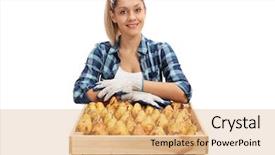  Presentation with agricultural biotechnology - Slides with redneck - cheerful female agricultural worker posing background and a coral colored foreground