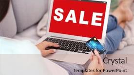  Presentation with online shopping - PPT theme with reduce consumerism - sale concept woman using laptop background and a coral colored foreground