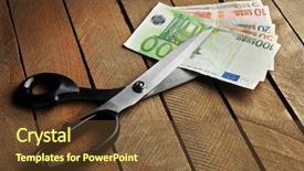  Presentation with cut - Colorful presentation theme enhanced with reduce risk - scissors cut euro banknotes backdrop and a tawny brown colored foreground