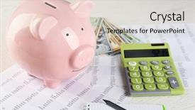 Presentation with bookkeeping - Beautiful slide set featuring reducing expenses - bookkeeping concept piggy bank calculator backdrop and a  colored foreground