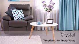  Presentation with living room - Presentation theme featuring reducing expenses - modern living room interior background and a light gray colored foreground