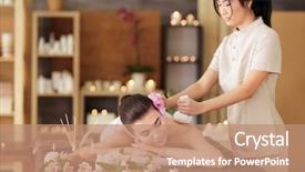  Presentation with spa herbal balls - Cool new PPT theme with beautiful young woman having massage backdrop and a coral colored foreground