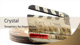  Presentation with cinema - PPT theme featuring reel box isolated on white background and a coral colored foreground