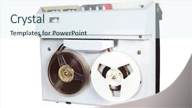  Presentation with tape recorder - PPT theme featuring reel tape recorder on table wall with newspaper wallpapers background and a sky blue colored foreground