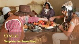  Presentation with pilgrim - Presentation theme having reenactment scene of the first thanksgiving dinner in plymouth in 1621 with a pilgrim family and a wampanoag indian background and a tawny brown colored foreground